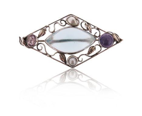 A silver lozenge brooch attributed to George Hunt, c1920, set with a central glass beach pebble, amethysts and mother of pear