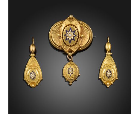 A Victorian suite of seed pearl-set gold jewellery, in the Etruscan Revival manner, the brooch with pellet decoration and cen