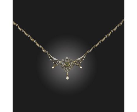 A Renaissance Revival gem-set and enamel gold necklace by Giuliano, c.1860, centred with a cushion-shaped green zircon and se