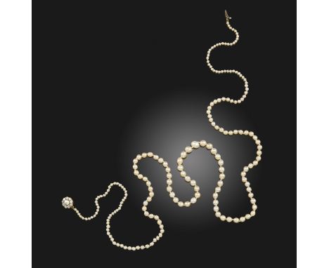 A natural and cultured pearl necklace, the graduated pearls are set with an cushion-shaped diamond and pearl cluster gold cla