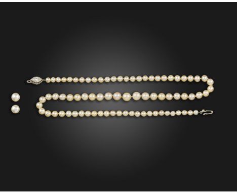 A single-row natural pearl necklace, the pearls graduate from 4.2 - 6.8 mm, with a marquise-shaped diamond-set platinum clasp