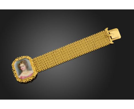 λ An early 19th century portrait miniature-mounted gold bracelet, the portrait depicting a lady with curling hair and wearing