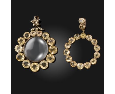 Two 19th century circular topaz gold pendants, each set with graduated topaz, one with a locket centre on an articulated topa