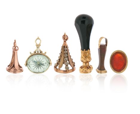 Five early-mid 19th century seals, including a bloodstone gold-cased desk seal, the shaped rectangular intaglio engraved with