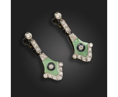 A pair of jade, onyx and diamond drop earrings, set with carved jade plaques, onyx and set  overall with circular-cut diamond