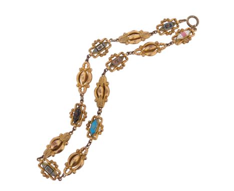 A 19th century fancy-link gilt metal necklace, probably Swiss, alternate links decorated with polychrome enamel, 43cm