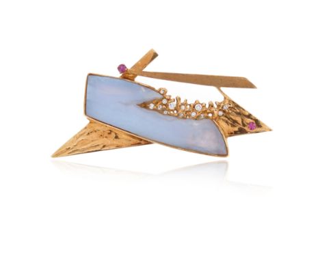 A gem-set abstract gold brooch, set with an agate plaque, a circular-cut ruby and round brilliant-cut diamonds in textured go