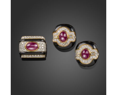 A pair of ruby, diamond and onyx earrings and a matching ring, each centred with a cabochon ruby, pave-set with round brillia