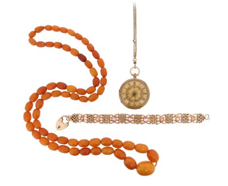 A graduated amber bead necklace, the oval beads graduate from 1.0 - 2.4cm long, necklace 95cm long; a gold gate-link bracelet