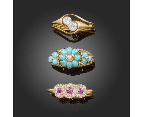 Three gem-set gold rings, including an early 20th century 18ct gold crossover ring, set with two circular-cut diamonds, size 