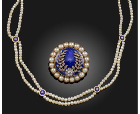 An early 19th century gold circular brooch, the domed blue enamel centre applied with a diamond-set foliate design within a p