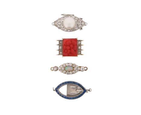 λ Four gem-set clasps, including a French single-row platinum navette-shaped clasp, centred with a button-shaped natural pear