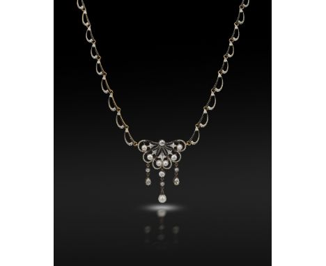 A Renaissance Revival pearl, diamond and enamel gold necklace by Giuliano, c.1895, the foliate scroll centre section with bla