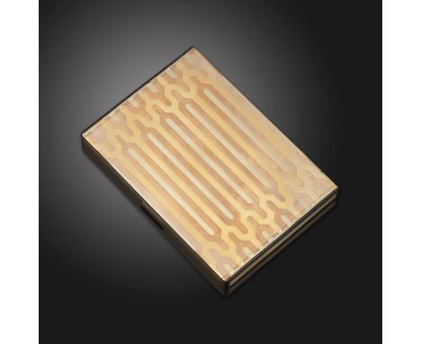 A 9ct gold cigarette case by Dunhill, set in three-colour with geometric pattern, with striated terminals within black enamel