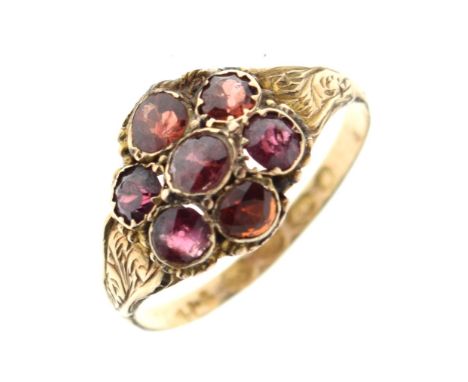 Rare Victorian 12ct gold dress ring set cluster of seven red garnet-coloured stones, possibly spinel, Birmingham 1871, size M