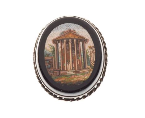 Italian pietra dura micro mosaic oval brooch depicting a classical rotunda, in unmarked yellow surround, 28mm approx   Condit