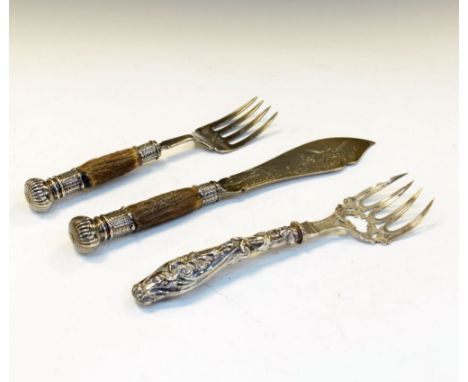 Victorian silver serving fork with pierced decoration and embossed handle, Birmingham 1851, together with a set of silver pla