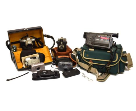 Cameras - Assorted equipment to include Pentax MZ-3, Panasonic VX9 video camera, vintage Gevabox camera etc   Condition: Larg