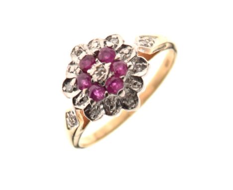 9ct gold cluster ring set white and ruby-coloured stones, size O½, 3g gross approx   Condition: **Due to current lockdown con