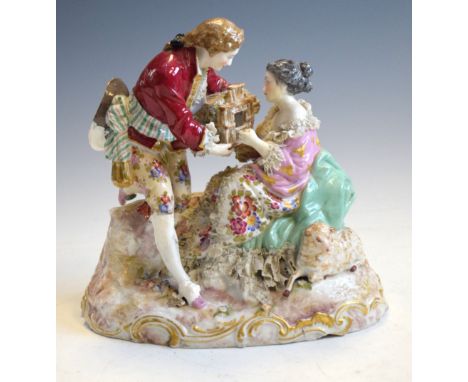 Late 19th/early 20th Century Meissen figural group, blue underglaze cross swords mark verso, 22cm high   Condition: Extensive