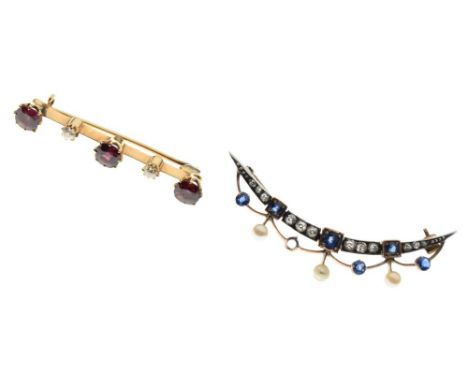 Unmarked yellow metal, diamond, sapphire and pearl-set crescent brooch, 4.5cm wide, together with a bar brooch set three ruby