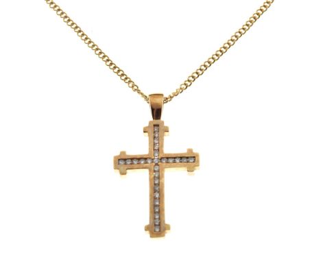 Royal Mint 9ct gold Celebration Cross, 'set with guaranteed quarter carat of diamonds', with fine chain, 5.9g gross approx   