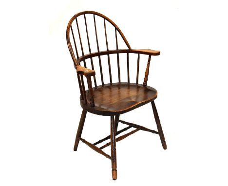 Late 19th Century elm and ash stick back Windsor elbow chair   Condition: Wear to seat around front edge, legs with numerous 