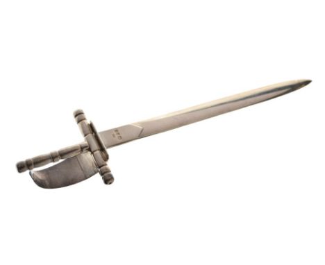 Elizabeth II silver novelty letter opener in the form of a sword with bark finish guard, 17.5cm long, 51g approx   Condition: