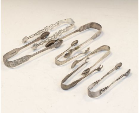 Collection of silver sugar tongs to include Georgian to modern examples, 180g approx   Condition: Some loss of definition to 