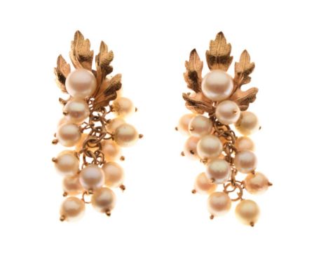 Pair of unmarked yellow metal and cultured pearl ear studs of leaf design, the pearl drops formed as bunches of grapes, 16.6g