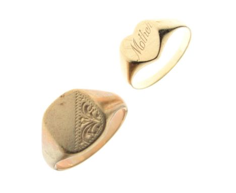 Gentleman's 9ct gold signet ring, size U, plus another smaller with heart-shaped matrix engraved 'Mother', size P, 8.4g gross