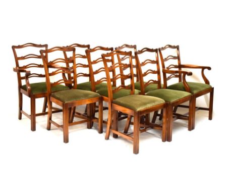 Suite of reproduction mahogany Hepplewhite style ladder back chairs (two carvers, six standards)   Condition: Scuffs and scra