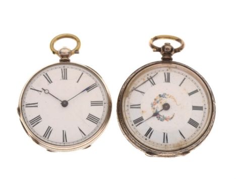 Continental white metal open-face pocket watch, white Roman dial, case back stamped Fine Silver, back-wound movement, togethe