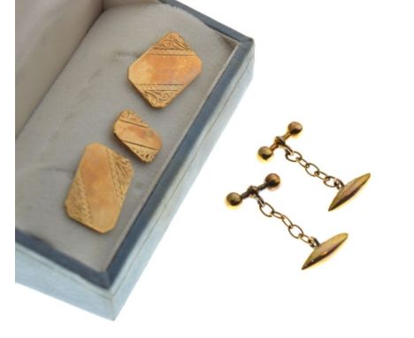 Cased pair of 9ct gold cufflinks, each with engraved canted oblong panel, together with a matching tie-pin or stud, together 