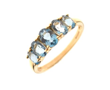 9ct dress ring set five graduated blue topaz-coloured stones, size P, 2.2g gross approx   Condition: **Due to current lockdow