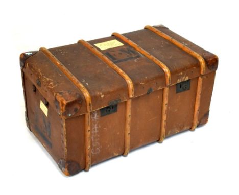 Early 20th Century cabin trunk, 94cm wide   Condition: Lots of scuffing and wear to the surface, locks missing or partly miss