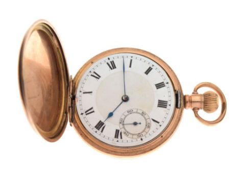 Early 20th Century gold-plated full Hunter-cased pocket watch, white Roman dial with subsidiary at VI, top-wound 15-jewel mov