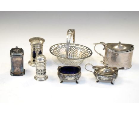 Collection of silver items to include various condiments and an Edward VII silver bon bon basket with swing handle, Birmingha