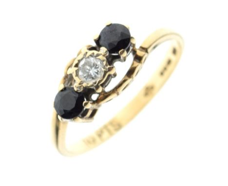 9ct gold, sapphire and diamond three-stone dress ring, size M, 2.3g gross approx   Condition: **Due to current lockdown condi