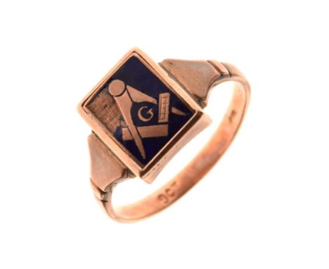 Masonic Interest - Yellow metal and blue enamel signet ring, the rectangular matrix engraved with cursive initials JW or TW, 