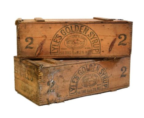 Pair of Lyle's Golden Syrup packing boxes, 77cm wide, together with a quantity of work tools, etc   Condition: Some wood worm