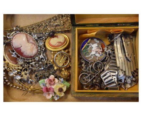 Assorted costume jewellery to include white metal and enamel charm bracelet, cocktail watch, vintage bicycle brooch, vintage 