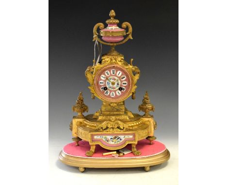 19th Century French porcelain mounted gilt metal mantel clock, 36cm high   Condition: Sold as seen, untested and with no guar
