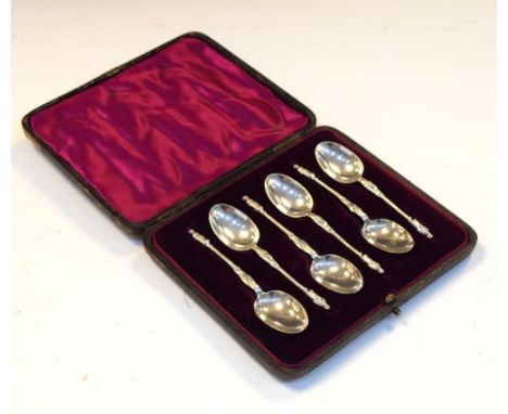 Cased set of six Victorian silver apostle top teaspoons, London 1889, 66g approx   Condition: Some light wear to the silver a