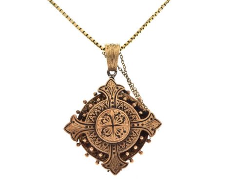 Victorian Gothic revival pendant of quatrefoil design, the rear with engraved dedication dated 1871, approx 4cm wide, togethe