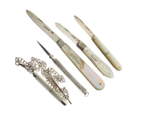 Three silver-bladed mother-of-pearl handled folding pocket fruit knives, together with two retractable cigar piecers, one wit