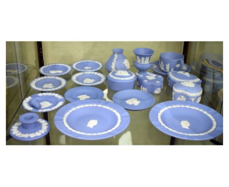 Quantity of 20th Century Wedgwood jasperware to include cup and saucer, four trinket boxes, etc   Condition: We endeavour to 