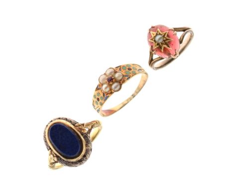 Three various unmarked dress rings comprising signet ring set lapis lazuli-coloured oval hardstone panel, seed pearl and enam