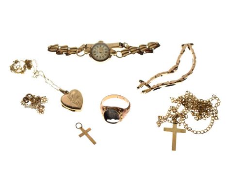 Assorted 9ct gold, yellow metal and unmarked jewellery to include lady's wristwatch, heart-shaped locket, cross and fine chai