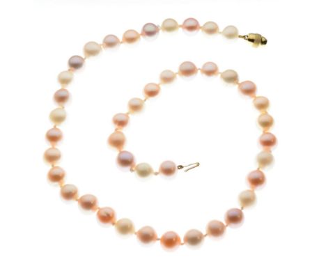 Necklace comprising a string of forty-two tinted cultured pearls, each approximately 8mm diameter, with 9ct gold clasp and fa